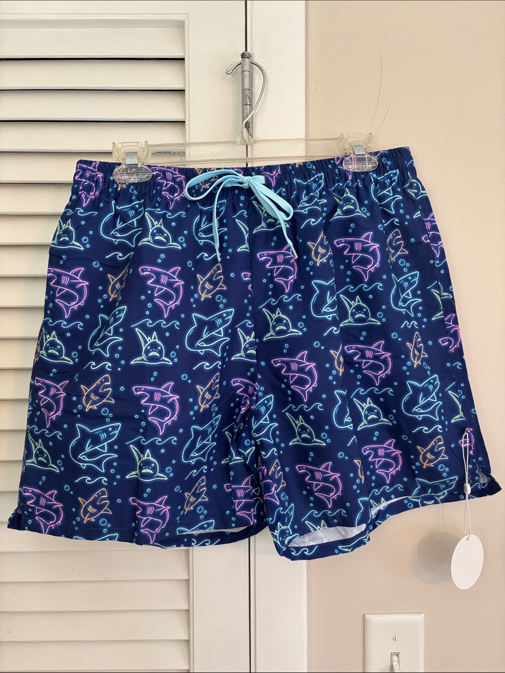 Caden Lane Men's Navy Neon Shark Print Swim Shorts, Size Large
